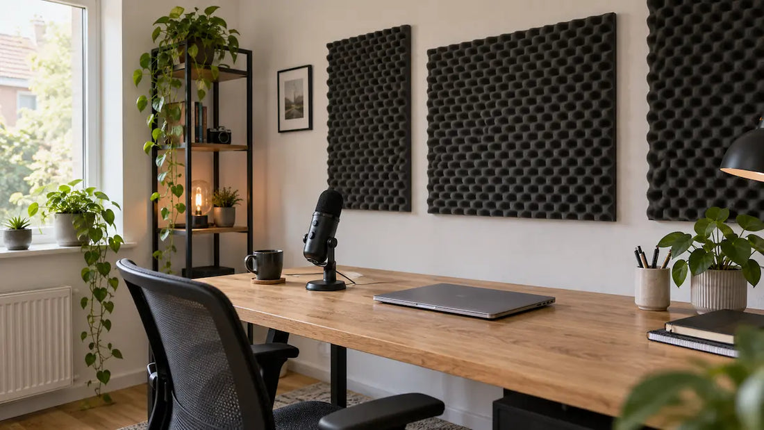 Thuiswerkplek met noppenschuim aan de wand achter een bureau met microfoon.